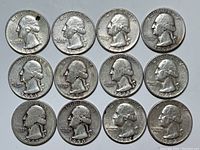 Obverse sides of 12 Washington quarters from 1941 to 1965, showing George Washington's portrait with 'Liberty' and 'In God We Trust'