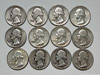 Obverse side of 12 Washington quarters showing George Washington profile, dates range from 1927 to 1963.