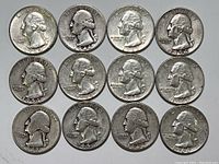 Obverse side of 12 Washington Quarter coins dated 1940-1964 showing George Washington's profile and inscription LIBERTY IN GOD WE TRUST and the dates.