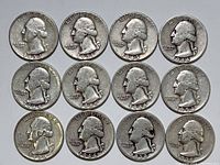 Obverse side of 12 Washington silver quarters, dated 1936 to 1956, showing George Washington's profile and mint years.