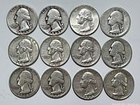 Obverse side of 12 Washington Quarters showing George Washington profile with clear date markings ranging from 1934 to 1963.