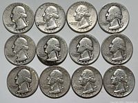 Obverse side of 12 silver U.S. Washington quarters showing George Washington's profile and dates.