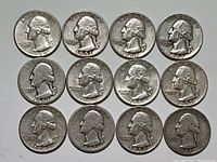 Front side of 12 silver U.S. quarters showing George Washington's profile and different minted years from 1924 to 1964.