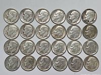 Photo showing 24 Roosevelt dimes arranged in four rows of six coins each, all obverse sides visible, dates range from 1946 to 1961.