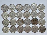 Top view of 24 Roosevelt silver dimes arranged in 4 rows showing obverse details and dates.