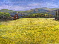 Close-up photo of the oil painting showing textured yellow meadow, hills and blue sky.