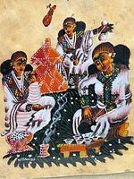 Close-up image of the painting showing four indigenous women in traditional dress with various objects on the ground, signed by artist 'V.Tienan 96'.