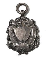 Front view of the silver pendant showing shield and scroll design with laurel leaves.