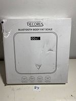 Front of the Decorus Bluetooth Body Fat Scale box showing the product and digital screen image.