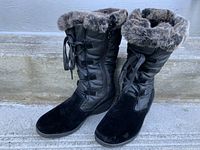 Front and side view of black winter boots showing faux fur trim, lace-up front, and zipper.