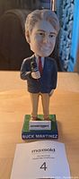 Front view of Buck Martinez bobble head with microphone and base label