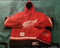 Red Detroit Red Wings hooded jacket with large Red Wings chest logo, white and black stripes at hem and cuffs, and a red CCM touque with Detroit Red Wings embroidery and black pom-pom placed on the jacket hem.