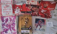 Group photo showing all lot items including the mini banner, magazines, team photo, Steve Yzerman figure in package, signed Nicklas Lidstrom photo page, and Steve Yzerman magnet.