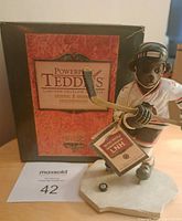 Photo of NHL collectible hockey teddy bear figurine in Chicago Black Hawks uniform posed with hockey stick and puck next to original box and tag.