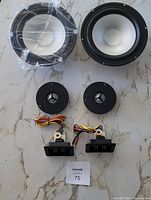 Complete set of speaker components showing 2 woofers, 2 tweeters, and 2 output connectors with wiring on marble surface.
