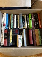 Top-down photo of a box containing a variety of vintage hardcover books with titles visible on spines, showing different colors and conditions