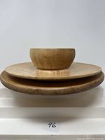 Photo showing the three stacked Birds Eye Maple items: a bowl, a serving platter, and a lazy Susan.