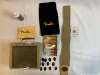 Photo of all items in the lot including Fender Lunchbox amp, three string packages, tan guitar strap, polishing cloth, polish bottle, velvet bag, and twelve picks spread out on white surface.