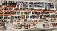 Wide view of hundreds of Magic: The Gathering cards arranged by basic land types and other categories, showcasing a large and varied collection of cards including rares and commons.
