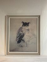 Full view of vintage framed owl print showing the artwork and the silver-tone frame.