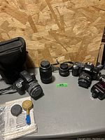 Overview of all camera bodies, lenses, flash and accessories on table