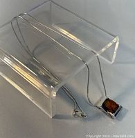 Photo of the full necklace with chain and amber pendant displayed on clear stand.