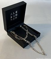 Silver chain necklace displayed in a black box with 'ALEXANDER' marked inside the lid. Chain is medium link curb style, shiny silver finish.