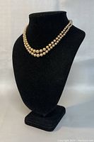 Front view of the 2 strand pearl necklace displayed on a black necklace bust showing strand length and arrangement.