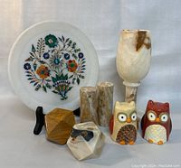 Full lot including marble inlay art plate, onyx goblet, owl salt & pepper shakers, and two paperweights