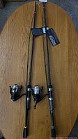 Two brand new Roddy Limited Edition fishing poles laid out on a table, showing rods and reels with tags attached