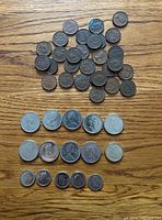 Arrangement of 44 Canadian coins grouped by denomination with obverse and reverse visible, showing pennies, nickel, dimes, and quarters.