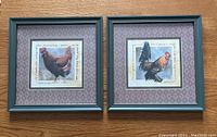 Photo of two framed prints side by side on wooden surface, one with a chicken and one with a rooster.