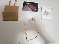 Necklace laid out with its paper bag, jewelry pouch, and product card visible.