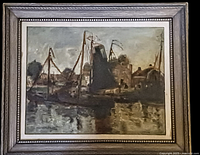 Front view of framed oil painting on panel depicting harbor scene with sailboats and buildings across water