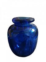 Front and side view of the heavy mid century hand blown cobalt blue glass vase showing its rounded body and thick rim.