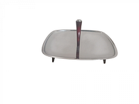 Image showing front top view of the square metal serving tray with central dark wooden handle and four dark wooden legs.