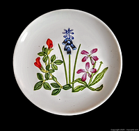 Front view of round white porcelain dish with colorful floral design in red, blue, and pink tones with green leaves.