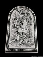 Front view of the arched wall plaque featuring black and white artwork of a figure, bird, and plants with decorative border and artist signature Bjørn Wiinblad.