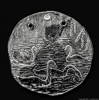 Clear embossed glass suncatcher showing four swans on water with reeds in background, round shape with two holes for hanging.