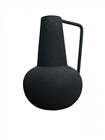 Side view of black powder-coated iron vase showing rounded base and tall cylindrical neck with handle