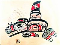 Close-up of the stylized killer whale body and head details in traditional Haida formline art style.