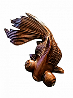Close-up image of the carved wooden fish showing detailed fins, scales, and bulbous eyes in reddish brown rosewood.