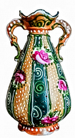 Front angled view of the miniature double handle vase showing floral hand painted details with pink roses on green and beige vertical background stripes, scalloped top edge, and curved handles.