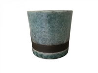 Side view of vintage signed raku art pottery planter showing blue-green glaze and horizontal black band.