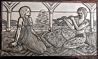 Full view of the rectangular silver wall plaque showing two figures, one playing a flute and one seated beside, with detailed background elements.