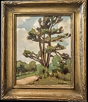 Frontal view of the framed signed watercolour painting depicting a landscape with tall trees and a cloudy sky.