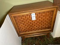 Angled front view showing woven wood panel and cabinet proportions