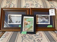 Three framed pictures arranged on a floral couch, two larger winter lake photos with wood frames and one smaller hummingbird print with black mat.