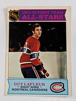 Front image of the hockey card showing Guy Lafleur in Montreal Canadiens uniform with First Team All-Stars banner