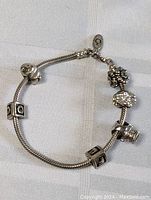 Full view of sterling silver snake chain charm bracelet with six charms including geometric, floral, pavé, and crown shapes.